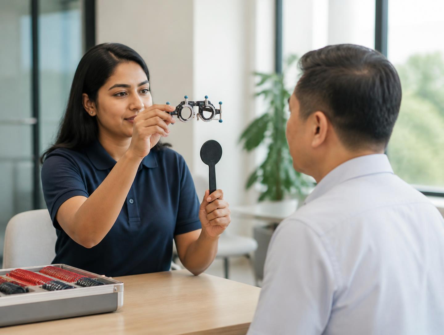 Profesional de salud visual atendiendo a una persona durante una jornada en su lugar de trabajo